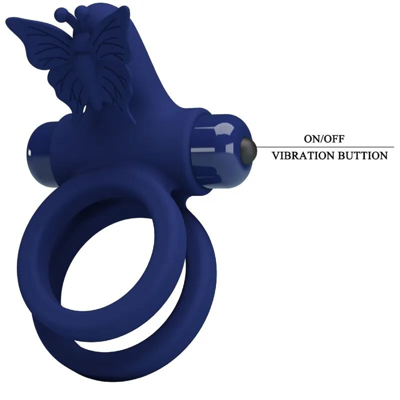 Anneau vibrant bleu en silicone, ergonomique, avec papillon décoratif, 10 vibrations, pour érection durable et stimulation.