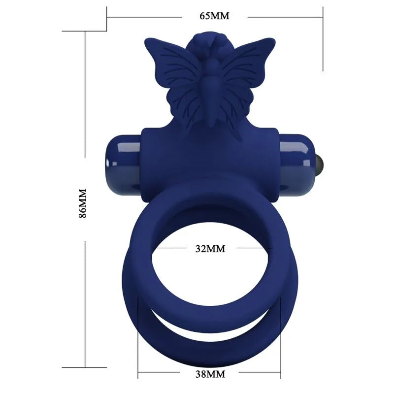 Anneau vibrant bleu en silicone avec papillon, ergonomique, 10 vibrations, pour érection durable et stimulation intime.