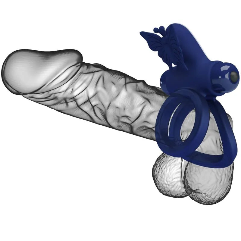 Anneau vibrant bleu en silicone ergonomique, 10 vibrations, maintien érection, stimulation testicules, compact et discret.