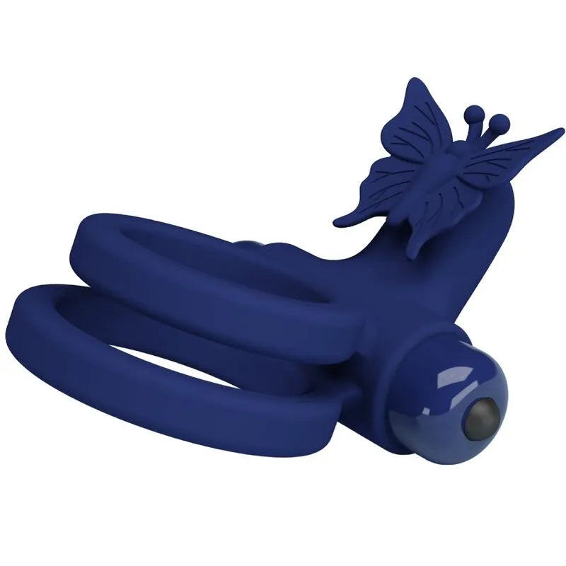 Anneau vibrant bleu en silicone ergonomique avec papillon, 10 vibrations, pour érection durable et stimulation testicules.