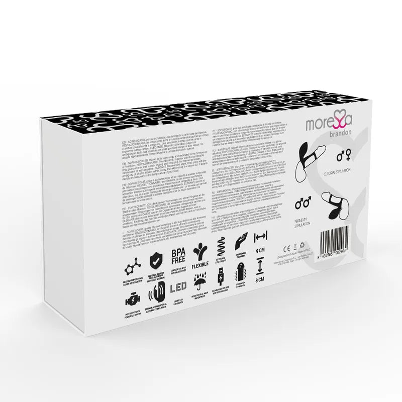 Anneau pénien vibrant en silicone noir, rechargeable, étanche, avec modes de vibration, sur fond blanc.