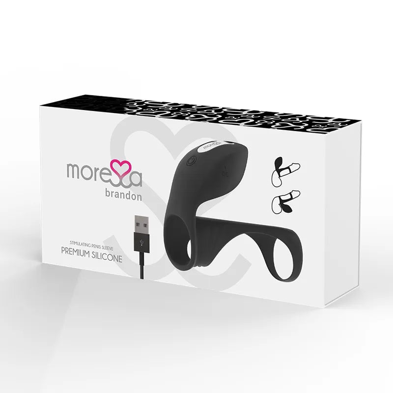 Anneau pénien vibrant noir en silicone médical, rechargeable, étanche, avec sept modes de vibration, sur fond blanc.