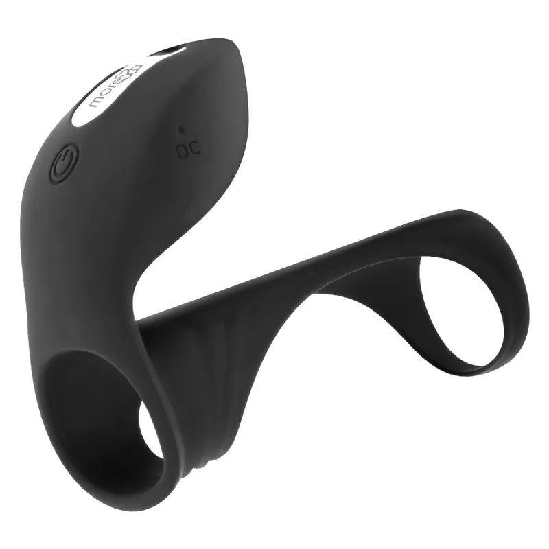 Anneau pénien vibrant noir en silicone médical, rechargeable, avec boutons de contrôle et design ergonomique flexible.
