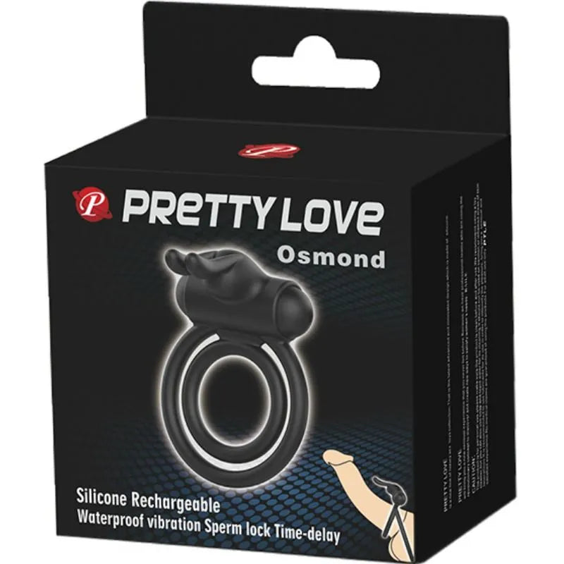 Anneau pénien vibrant en silicone noir, double anneau, stimulation clitoridienne, étanche, sur fond d'emballage noir.