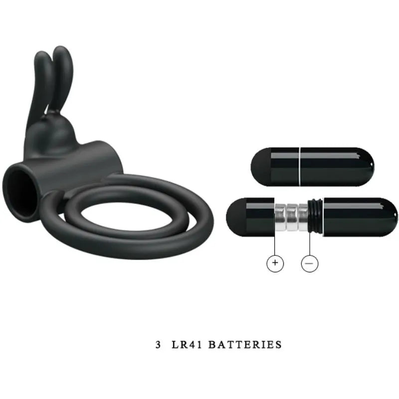 Anneau pénien vibrant noir en silicone avec double anneau, stimulateur clitoridien et balle vibrante, étanche et silencieux.