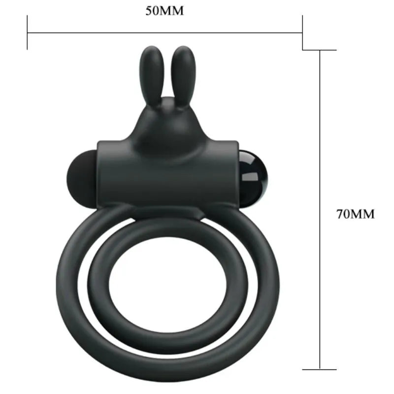 Anneau pénien vibrant noir en silicone avec oreilles de lapin, double anneau, dimensions 50mm x 70mm, étanche.