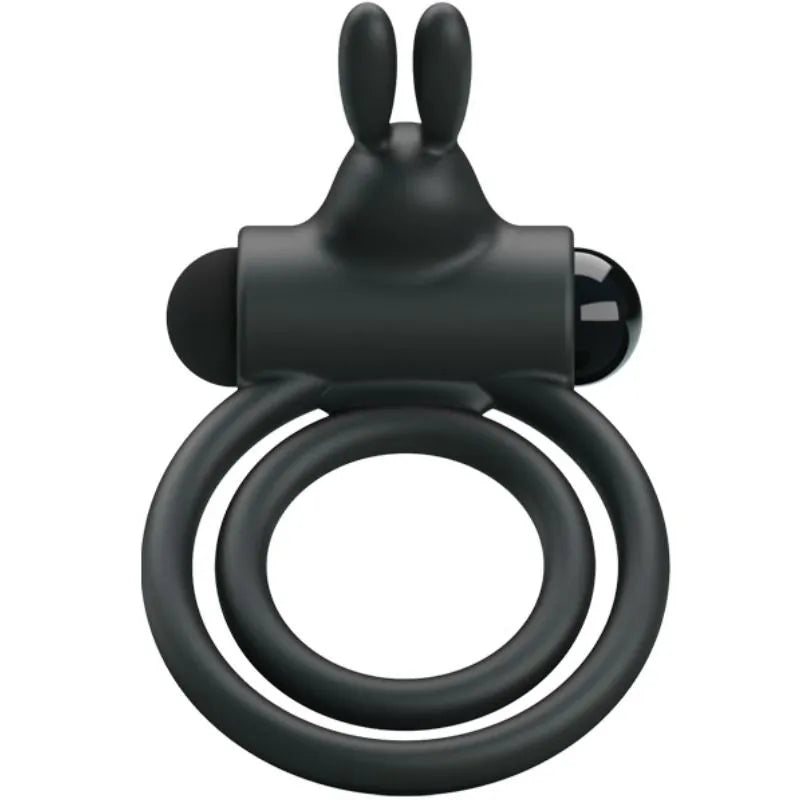 Anneau pénien vibrant en silicone noir, double anneau, stimulation clitoridienne, étanche, design ergonomique.