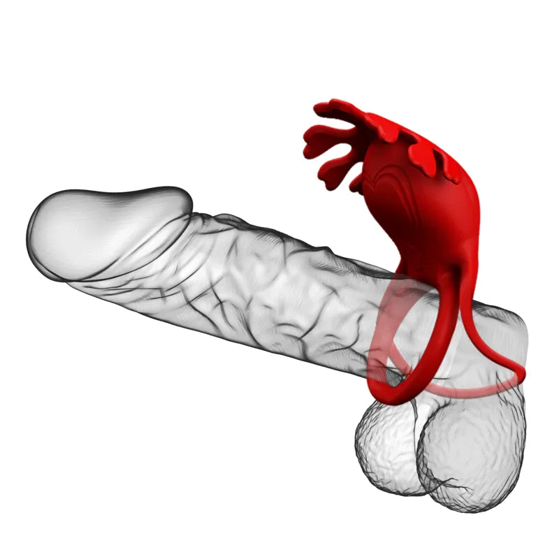 Anneau pénien vibrant rouge en silicone, ergonomique, extensible, avec 7 modes de vibration, sur pénis illustré.