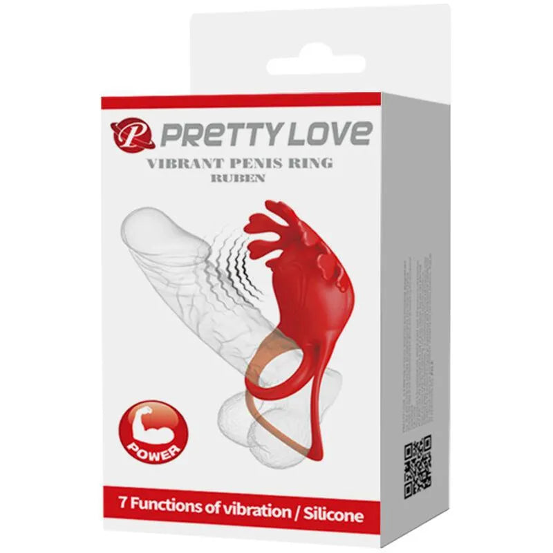 Anneau pénien vibrant rouge en silicone, ergonomique, sur emballage, 7 modes de vibration, rechargeable, discret.