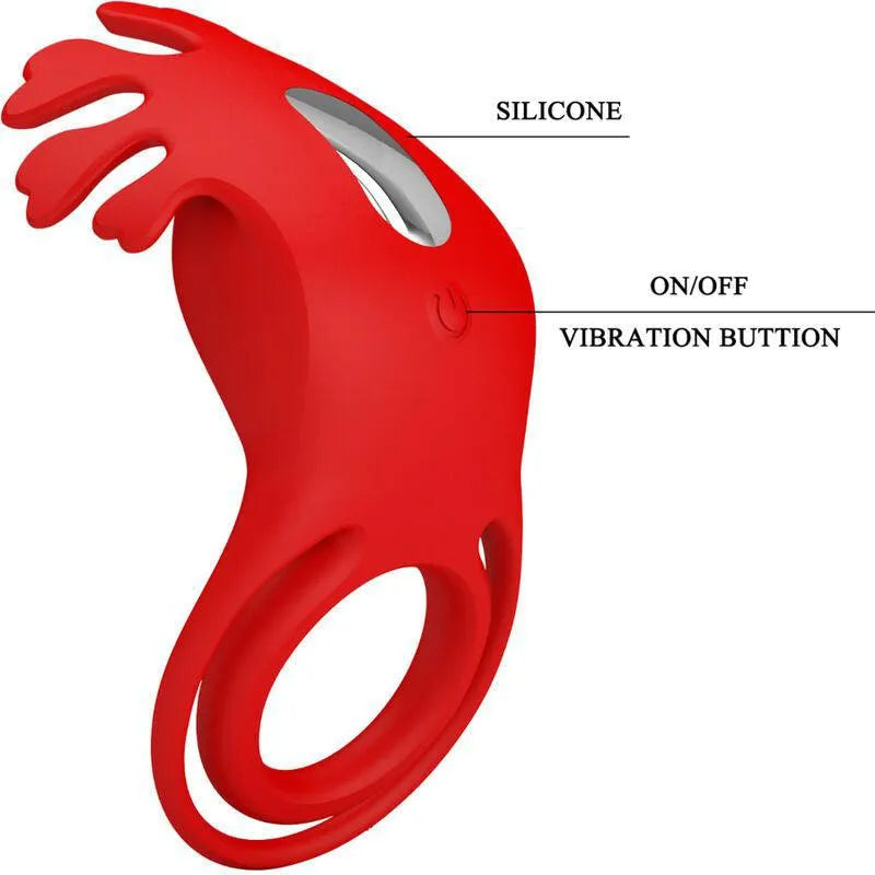 Anneau pénien vibrant rouge en silicone, design ergonomique, bouton de vibration, 7 modes, rechargeable et extensible.