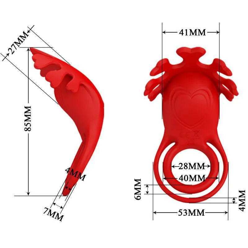 Anneau pénien vibrant rouge en silicone, ergonomique, extensible, avec motifs, 7 modes de vibration, dimensions détaillées.