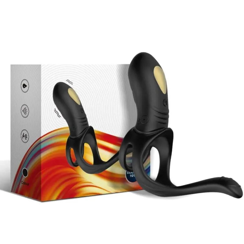 Anneau pénien vibrant noir, silicone médical, ergonomique, avec boîte colorée, 9 modes, USB rechargeable, étanche.