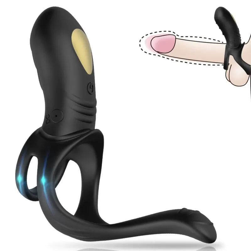 Cockring vibrant noir silicone médical, double anneau, ergonomique, rechargeable, 9 modes vibrations, étanche.