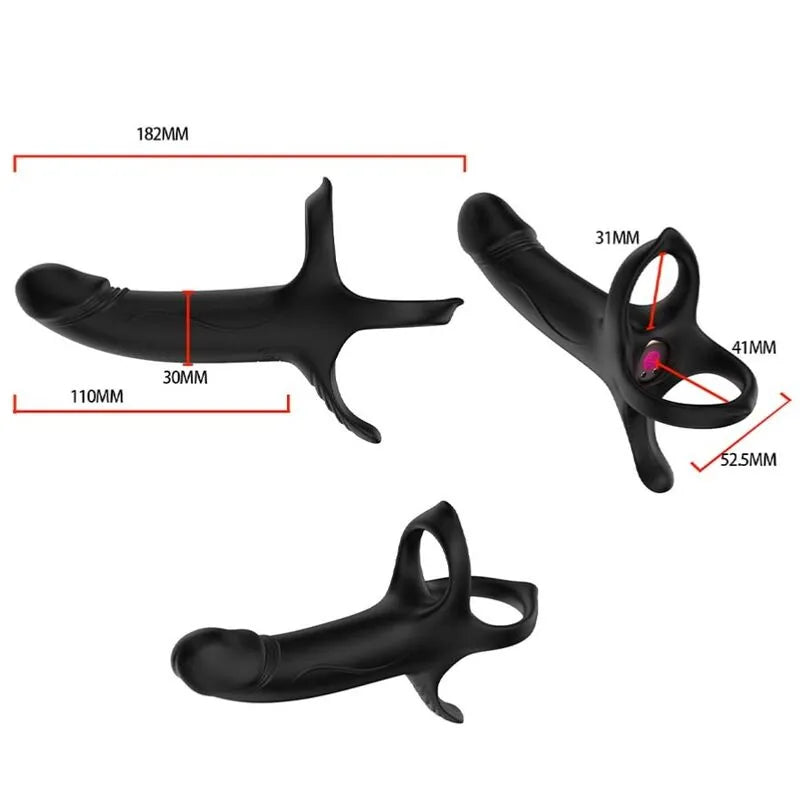 Anneau pénien vibrant noir en silicone médical, étanche, rechargeable, avec 9 modes de vibration, design ergonomique.