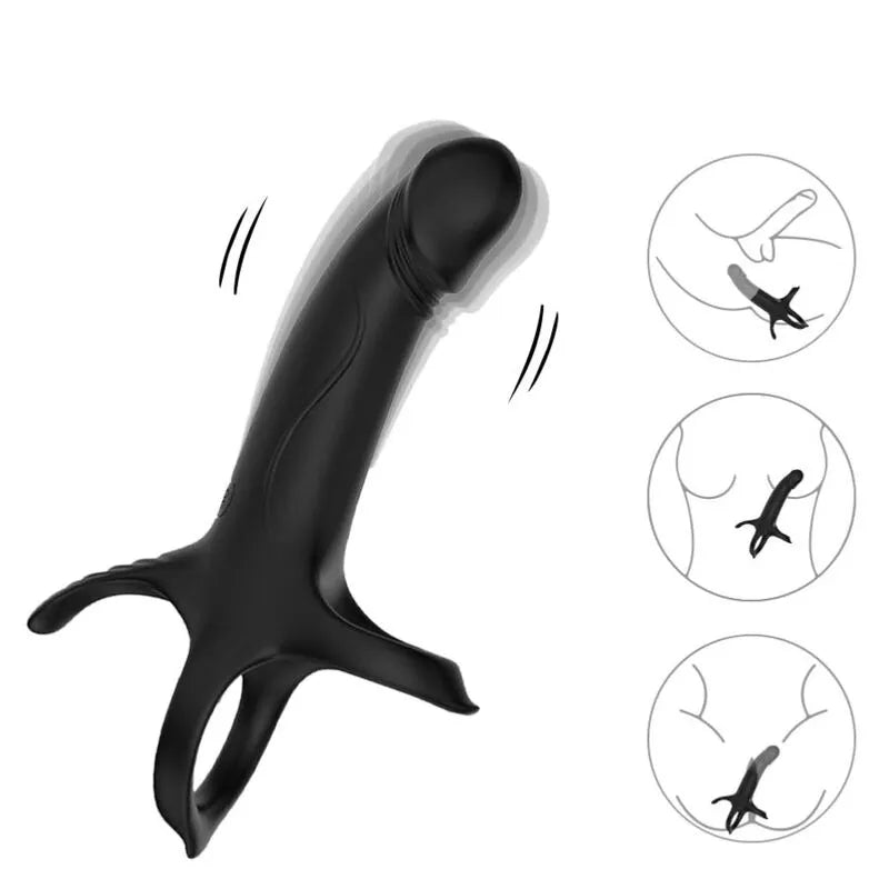 Anneau pénien vibrant noir en silicone médical, étanche, rechargeable, avec 9 modes de vibrations, design ergonomique.