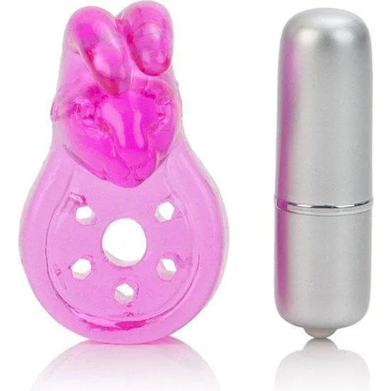 Anneau pénien vibrant rose en forme de lapin avec stimulateur clitoridien, trois vitesses, étanche, compact et doux.