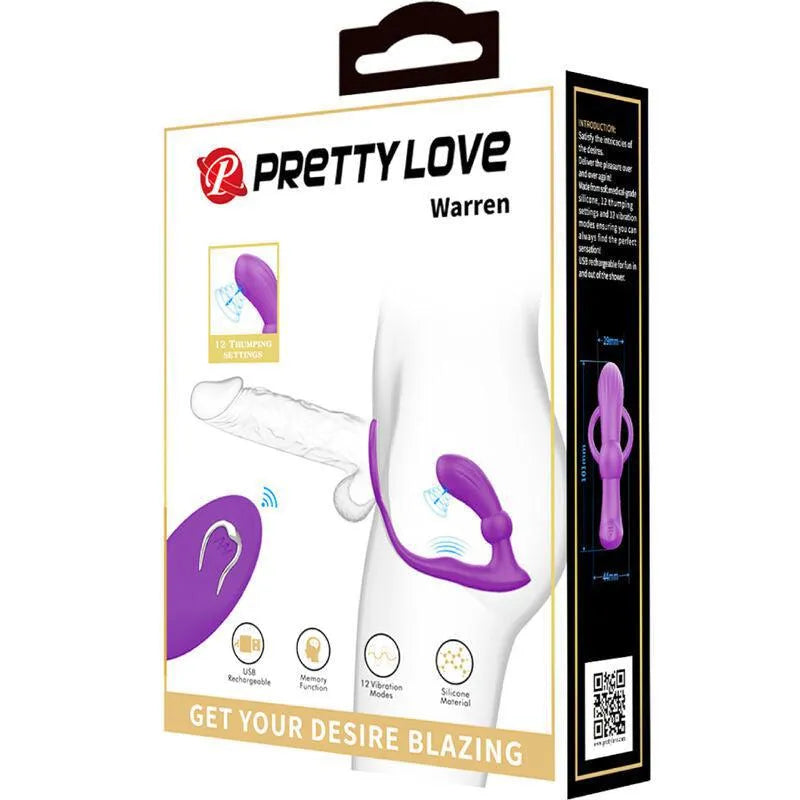 Anneau pénien vibrant violet en silicone avec télécommande, 12 modes, ergonomique, étanche, sur fond blanc.