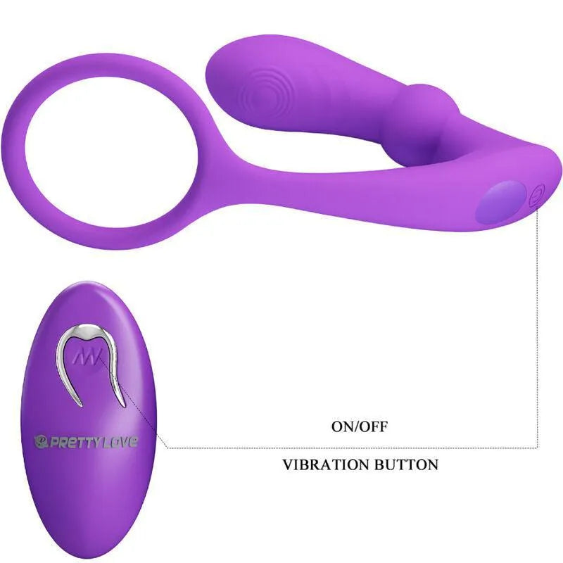 Anneau pénien vibrant violet en silicone avec télécommande, 12 modes, ergonomique, étanche, pour stimulation intime.