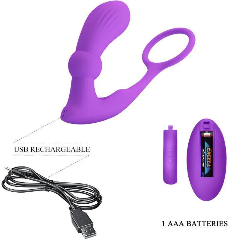 Anneau pénien vibrant violet en silicone avec télécommande, rechargeable, 12 modes, ergonomique, étanche.