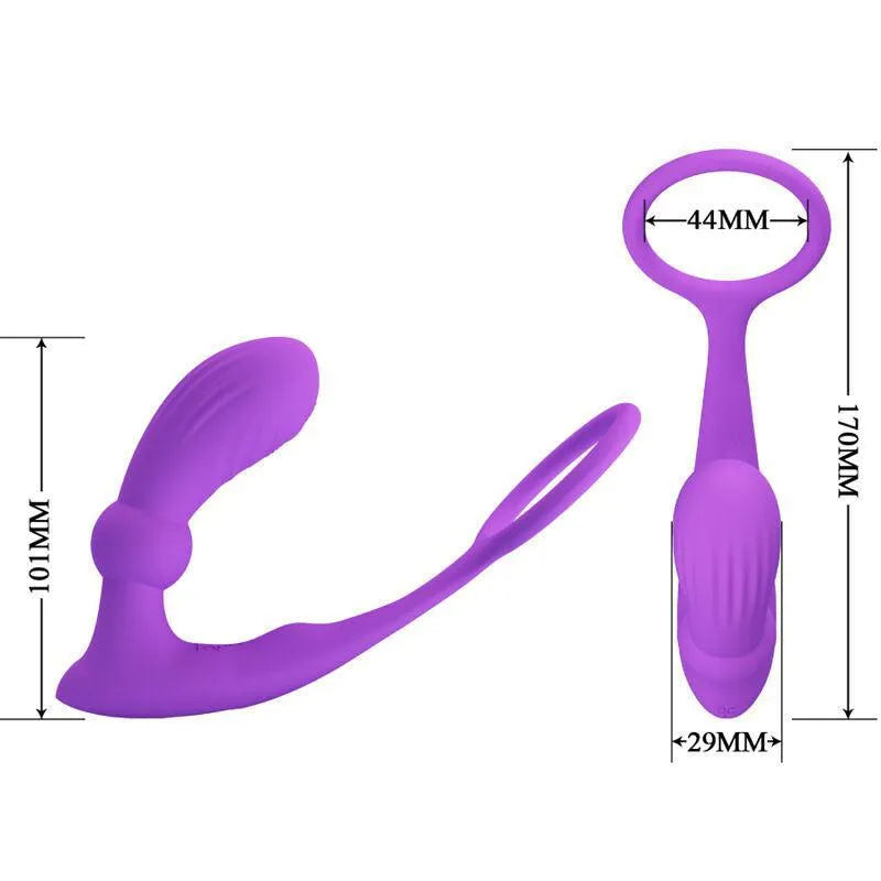 Anneau pénien vibrant violet en silicone, télécommandé, ergonomique, 12 modes, étanche, dimensions visibles.
