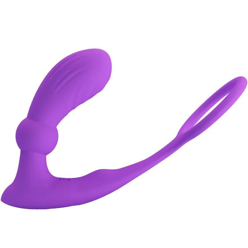 Anneau pénien vibrant violet en silicone, forme ergonomique, télécommande, 12 modes, stimulation intime, étanche.