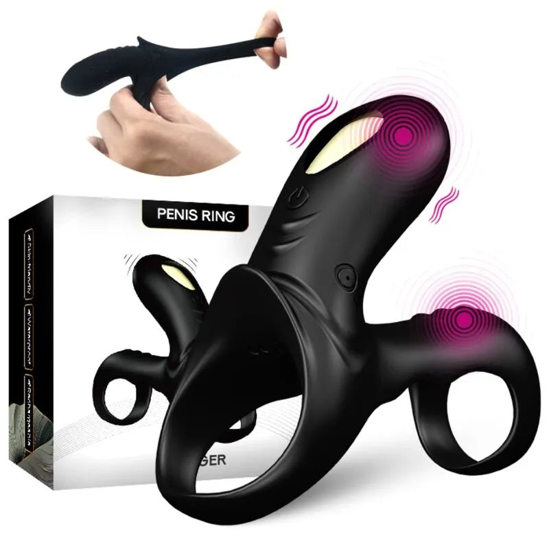 Anneau pénien vibrant noir en silicone, forme ergonomique, 9 modes, étanche, rechargeable USB, boîte incluse.
