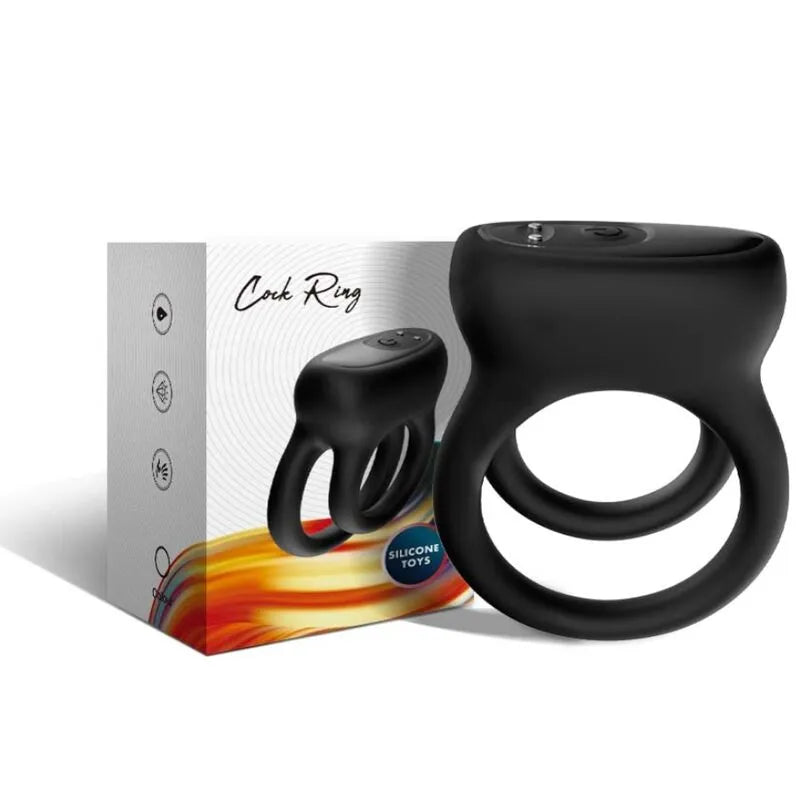 Anneau pénien vibrant noir en silicone médical, rechargeable, avec 9 modes de vibration, présenté avec son emballage.