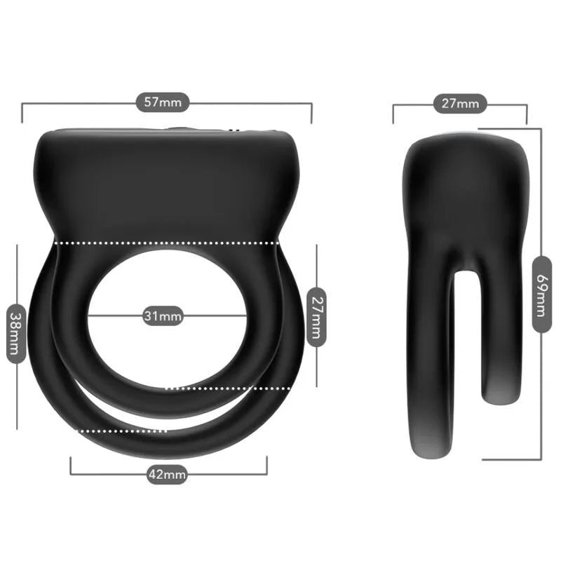 Anneau pénien vibrant noir en silicone médical, forme ergonomique, dimensions visibles, 9 modes, rechargeable USB.