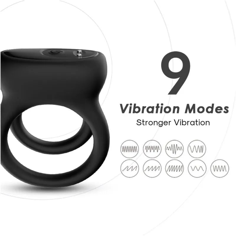 Anneau pénien vibrant noir en silicone médical, 9 modes de vibrations, étanche, rechargeable USB, ergonomique.