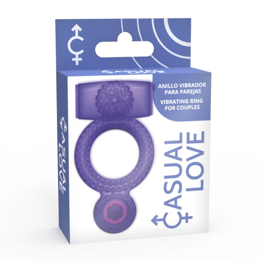 Anneau vibrant violet en TPR pour débutants, extensible et étanche, sur fond d'emballage bleu et blanc.