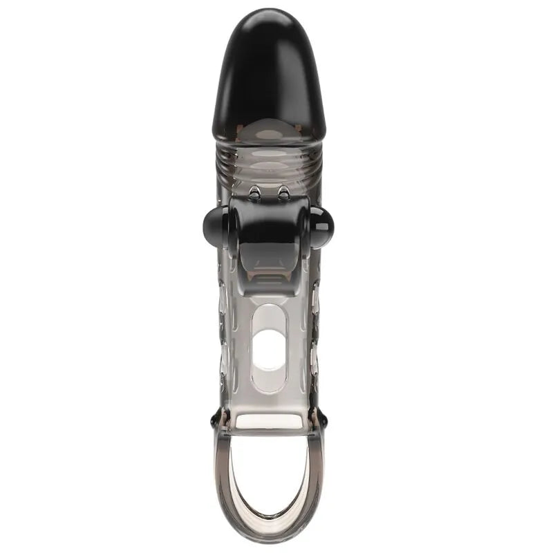 Anneau vibrant noir extensible en TPE, forme ergonomique, stimulation périnée et testicules, maintien érection.
