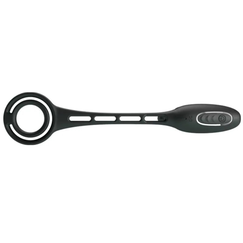 Anneau pénien vibrateur noir en silicone, forme ergonomique, boutons de contrôle, étanche, pour stimulation prostatique.