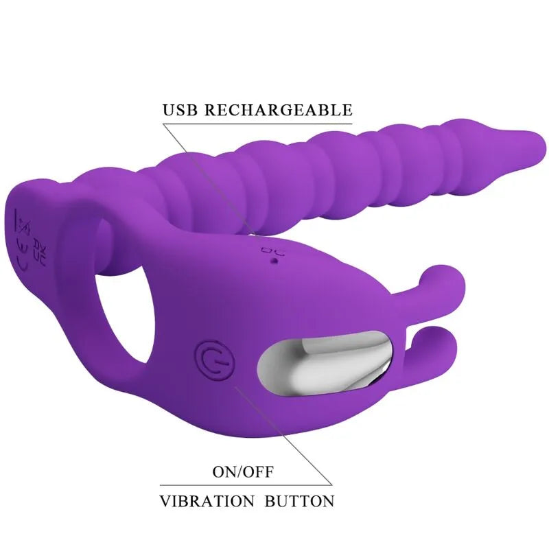 Anneau pénien vibrant violet en silicone, forme ergonomique, stimulateur prostatique, boutons de commande visibles.