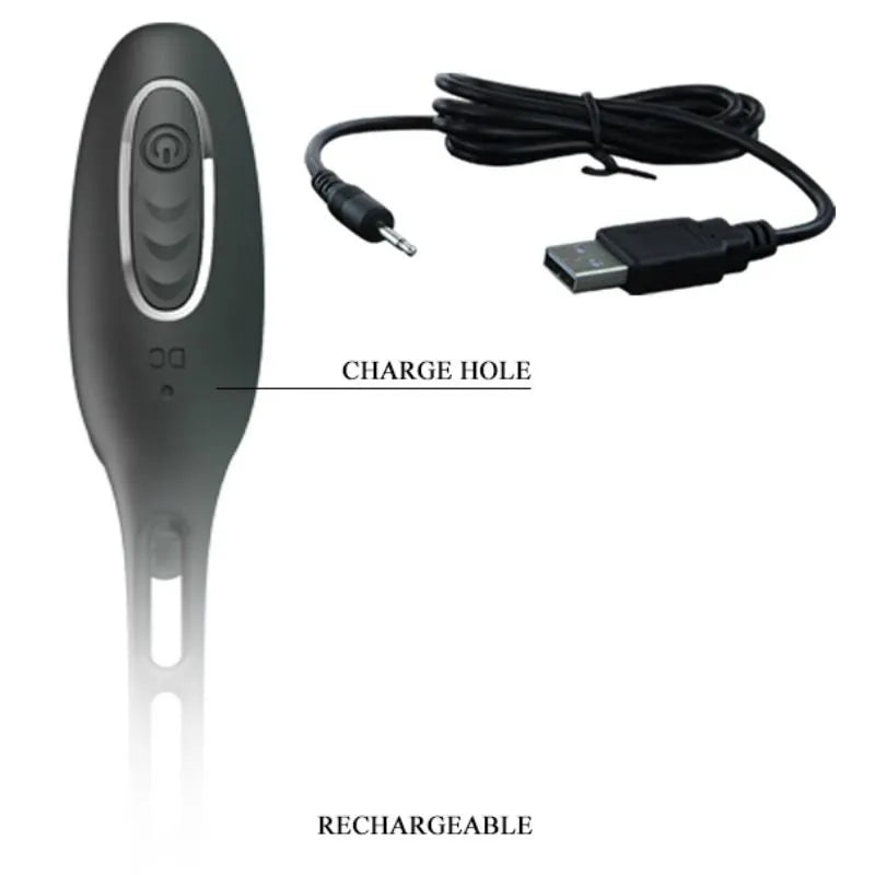 Anneau pénien vibrateur noir en silicone, forme ergonomique, étanche, avec câble USB pour recharge, 12 modes de vibration.