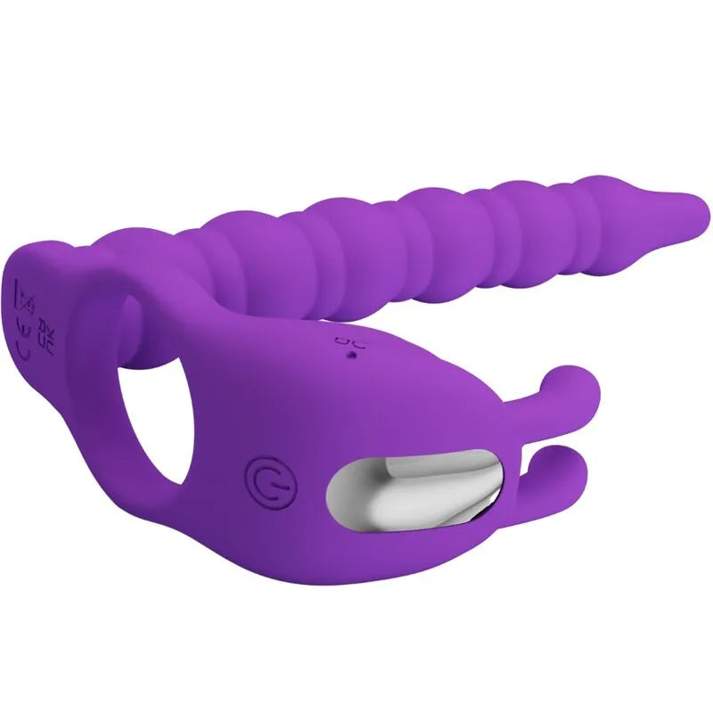 Anneau pénien vibrant violet en silicone, forme ergonomique, stimulateur prostatique, étanche, rechargeable, 12 modes.