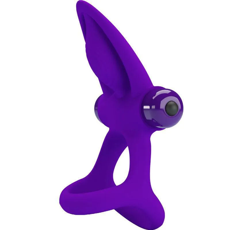 Anneau pénien violet en silicone avec stimulateur clitoridien, forme ergonomique, nez dauphin, vibrations silencieuses.