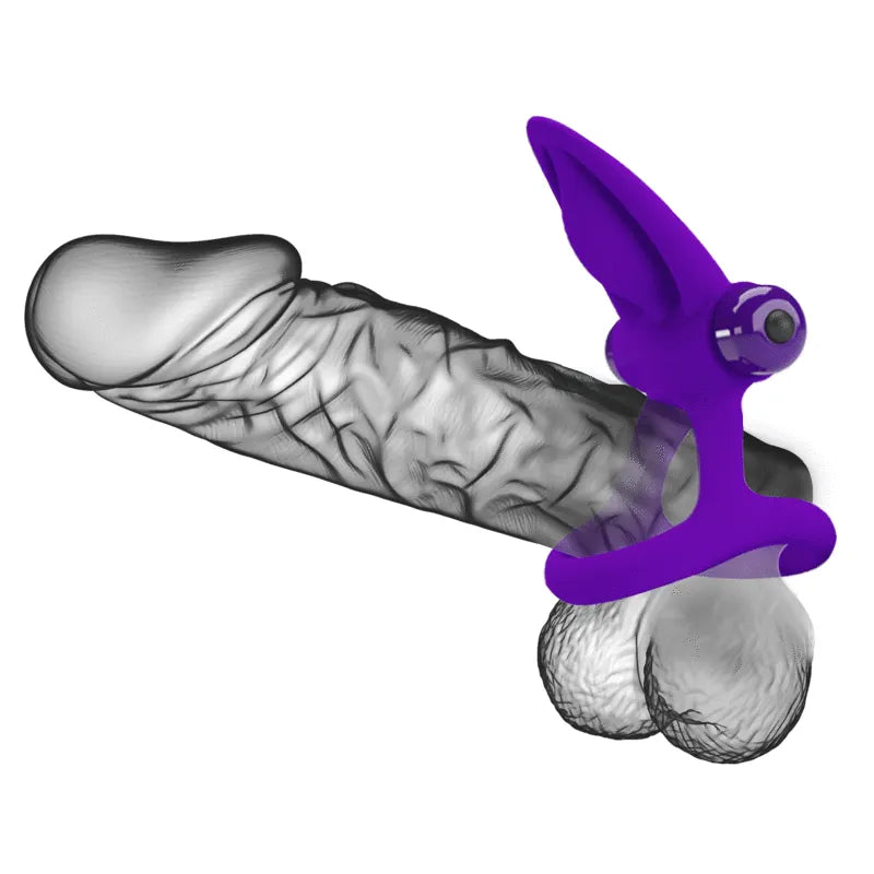 Anneau pénien violet en silicone avec stimulateur clitoridien, forme ergonomique, nez dauphin, dix modes de vibration.