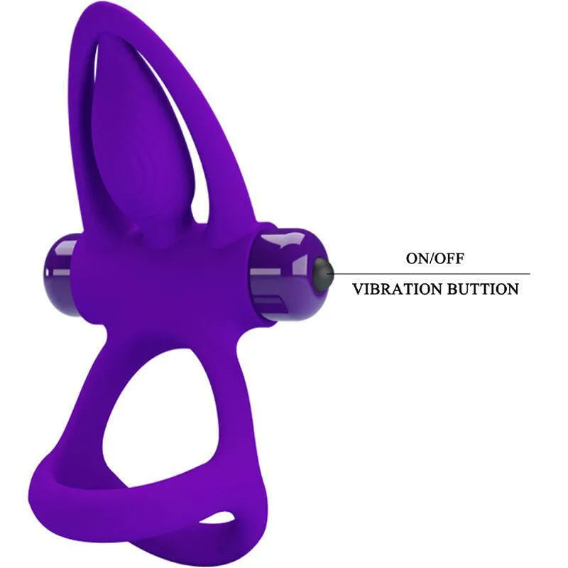 Anneau pénien violet en silicone avec stimulateur clitoridien, forme ergonomique, boutons de vibration, design discret.