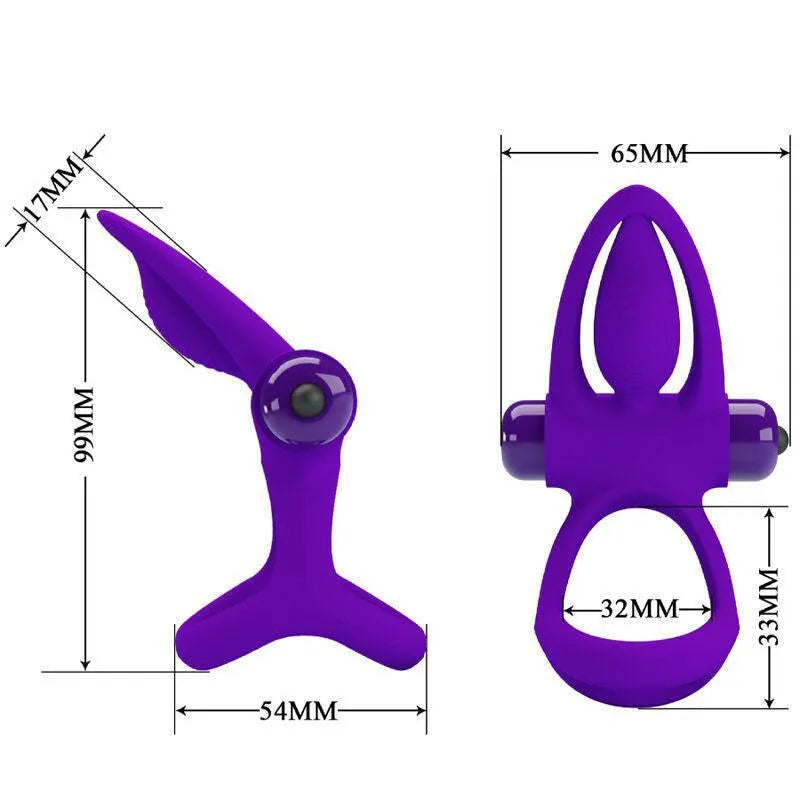 Anneau pénien violet en silicone avec stimulateur clitoridien, forme ergonomique, dix modes de vibration, discret.