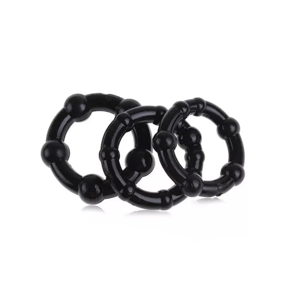 Anneaux pénis noirs extensibles avec billes stimulantes, flexibles, confortables, hypoallergéniques, sans phtalates.