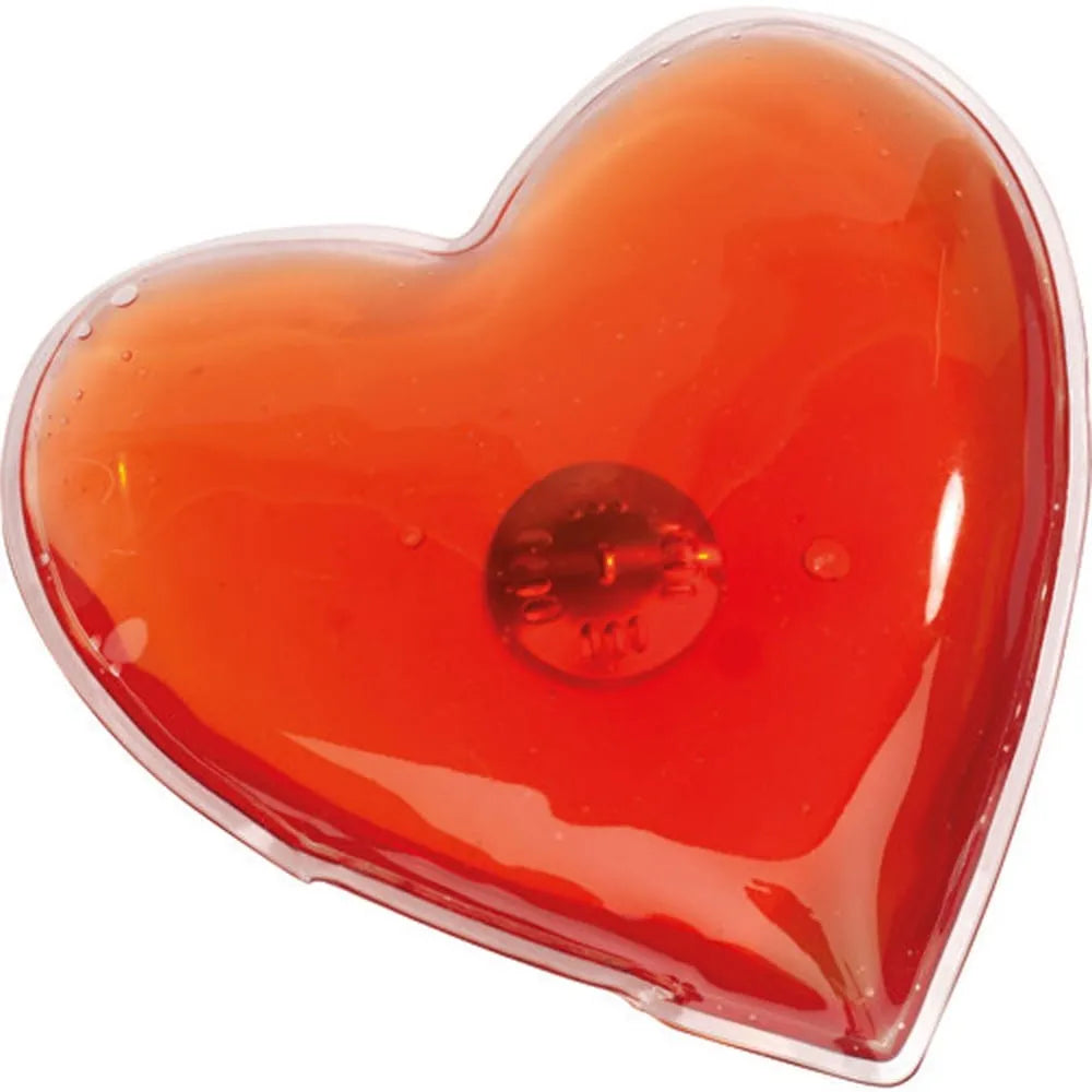 Cœur chauffant réutilisable rouge, forme compacte, 55 degrés, détente musculaire, activable clic métallique.
