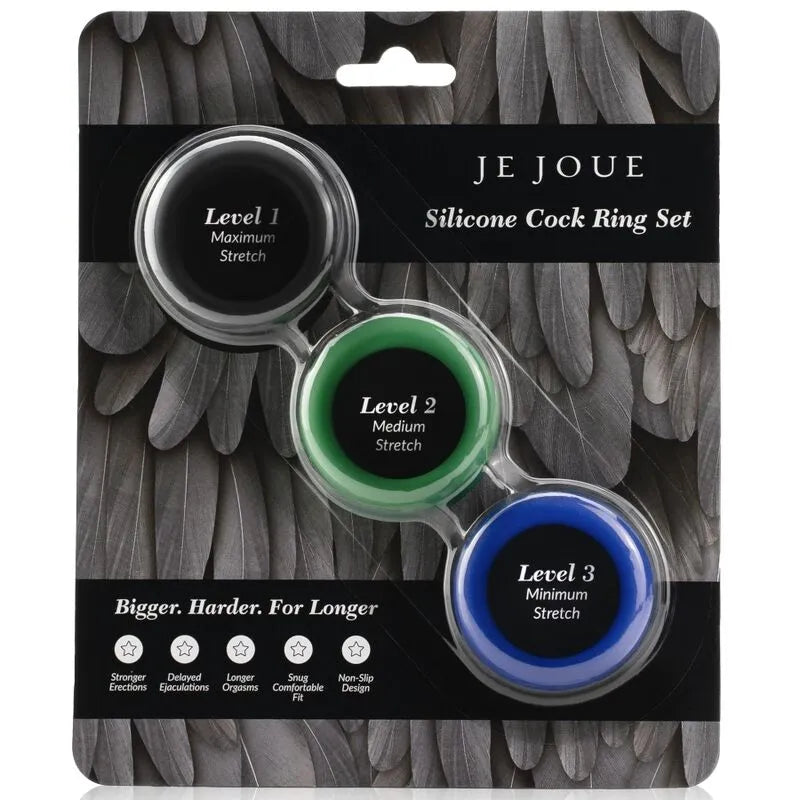 Anneaux silicone ajustables noirs, verts, bleus, confort vegan, trois niveaux de serrage, emballage élégant.