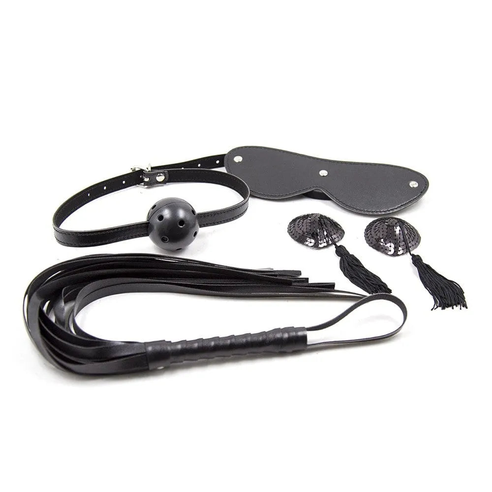 coffret bondage simili cuir fausse fourrure masque occultant pinces mamelons fouet bâillon boule réglable dix accessoires sensuels initiation