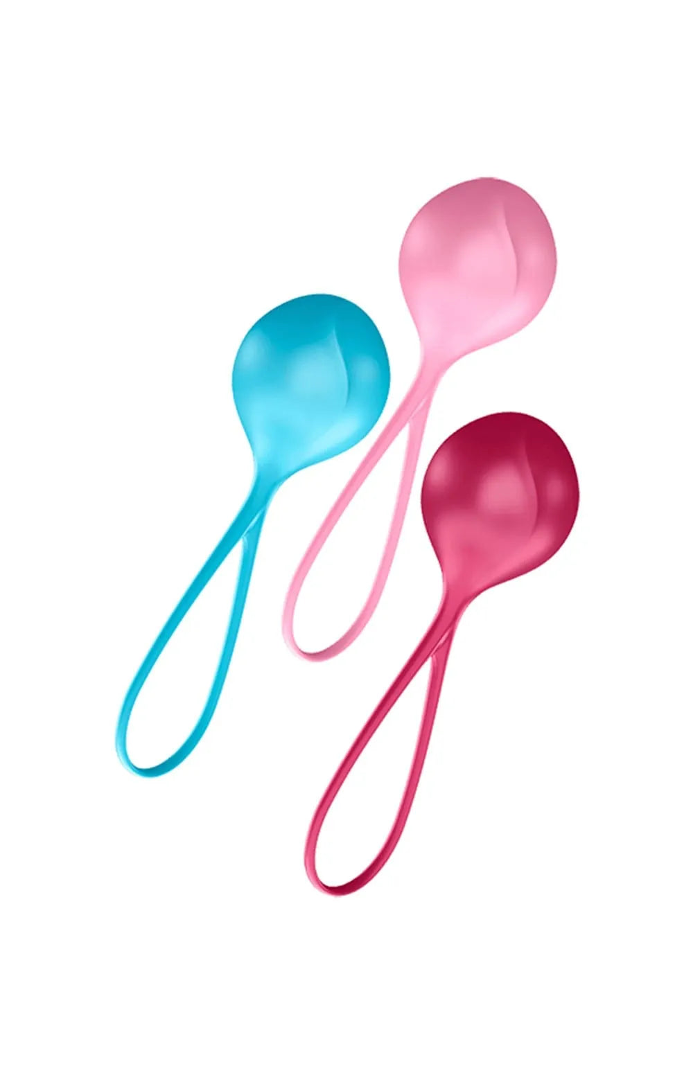 Coffret boules geisha Satisfyer, trois boules en silicone bleu, rose et rouge, pour tonification pelvienne progressive.