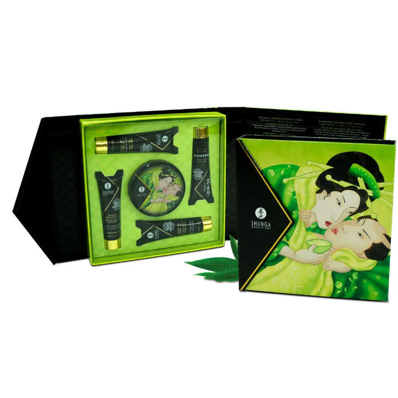 Coffret cadeau Shunga vert et noir avec produits cosmétiques érotiques inspirés de l'art japonais, design élégant.