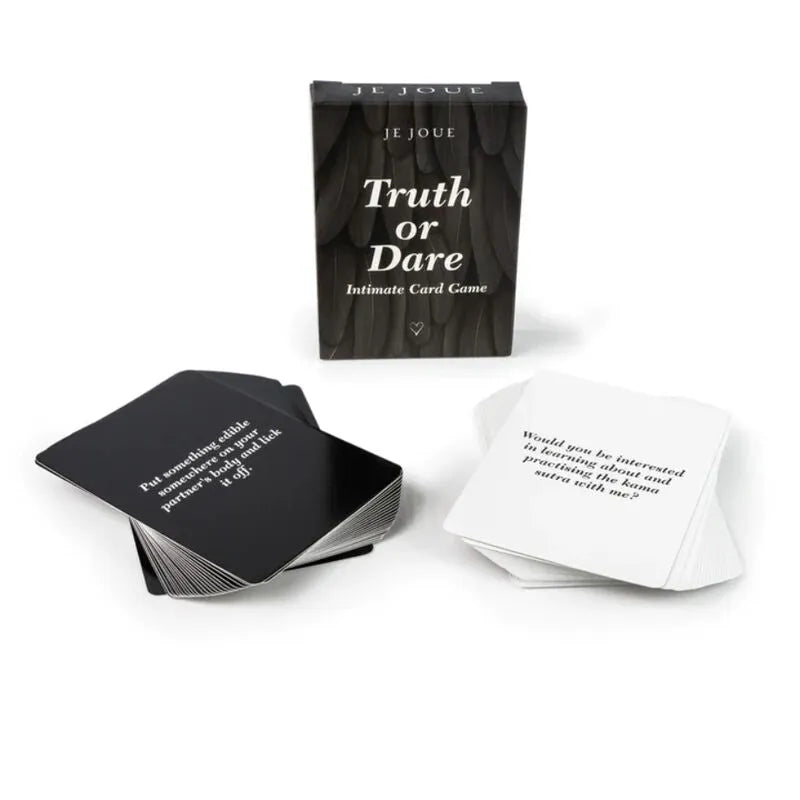 Coffret luxe Je Joue: vibromasseur Mimi doré, bougie massage, bandeau satin, cartes action vérité, motif plume or rose.