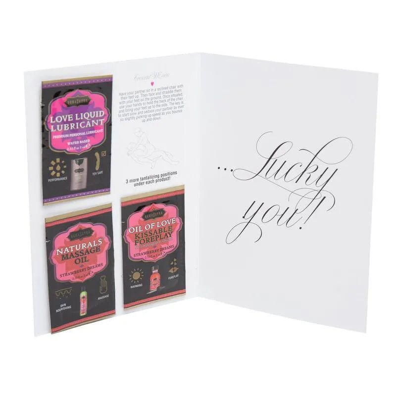 Coffret cadeau érotique fraise, huile massage, lubrifiant, sachets, design romantique, pour couples, expérience sensorielle.