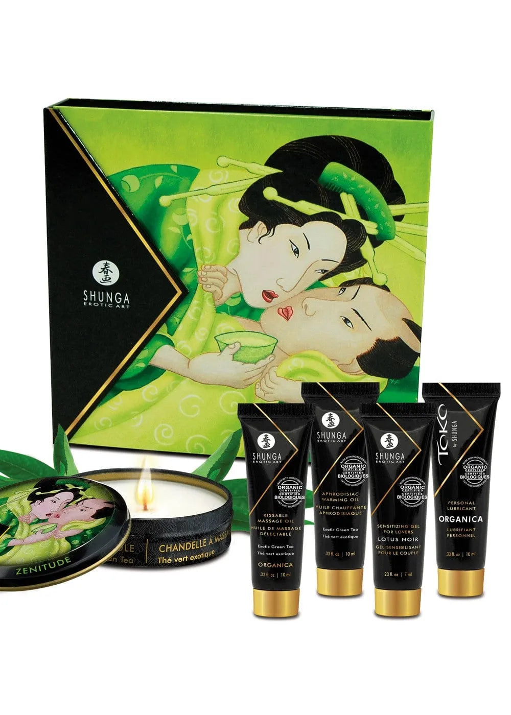 Coffret cadeau sensuel bio avec bougie et huiles, design exotique, arôme thé vert, pour moments intimes et romantiques.