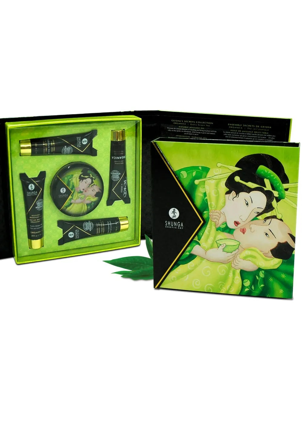 Coffret cadeau sensuel bio, produits de massage et bougie au thé vert exotique, design élégant et romantique.