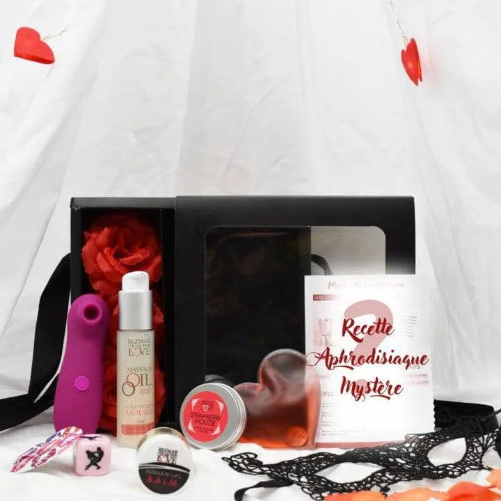 coffret coquin édition limitée couple romantique sensoriel intime érotique sensuel stimulant clitoridien rechargeable bougie massage naturel pétales tissu